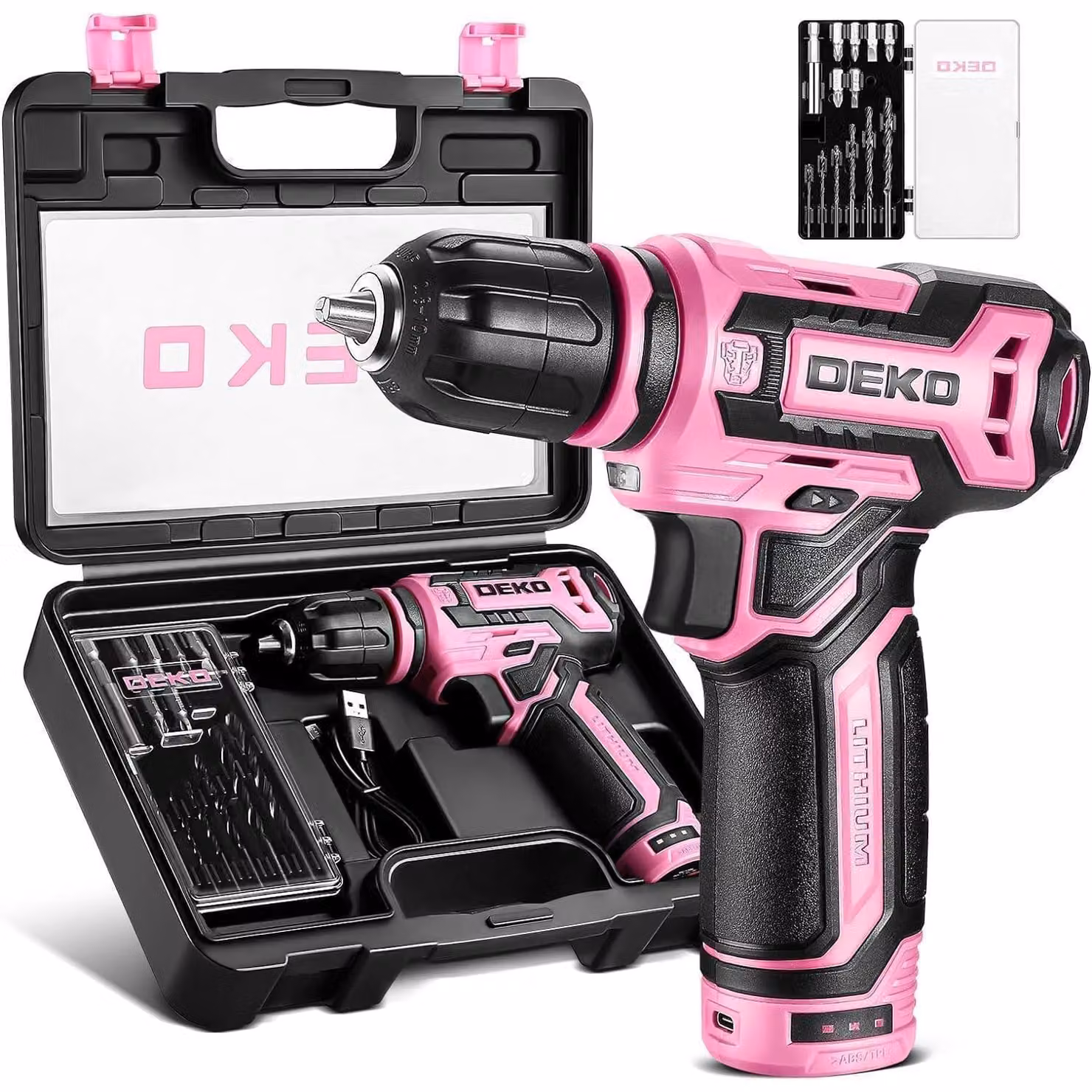 Avvitatore a batteria da 12V con 42 accessori, trapano avvitatore a percussione, velocità regolabile, luce LED, colore rosa