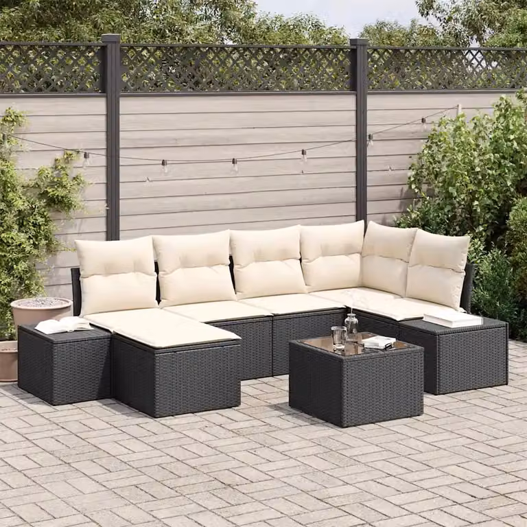 Set Divano da Giardino vidaXL 6 pz a Forma a L con Tavolino e Ottoman, Colore Nero e Beige, in Polyrattan con Cuscini Imbottiti e Resistenti ai Raggi UV