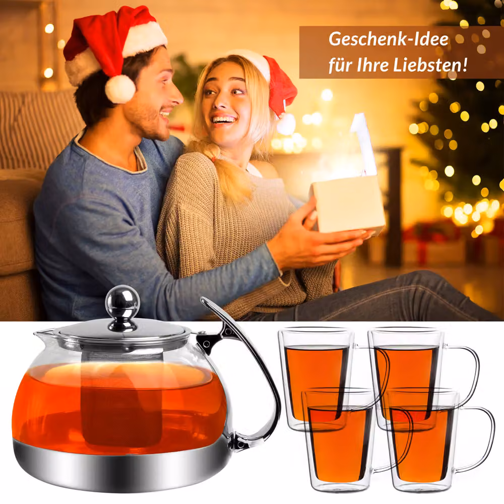 Set Teiera in vetro trasparente con infusore e 4 bicchieri termici a doppia parete Monzana® da 1,2 l – 2