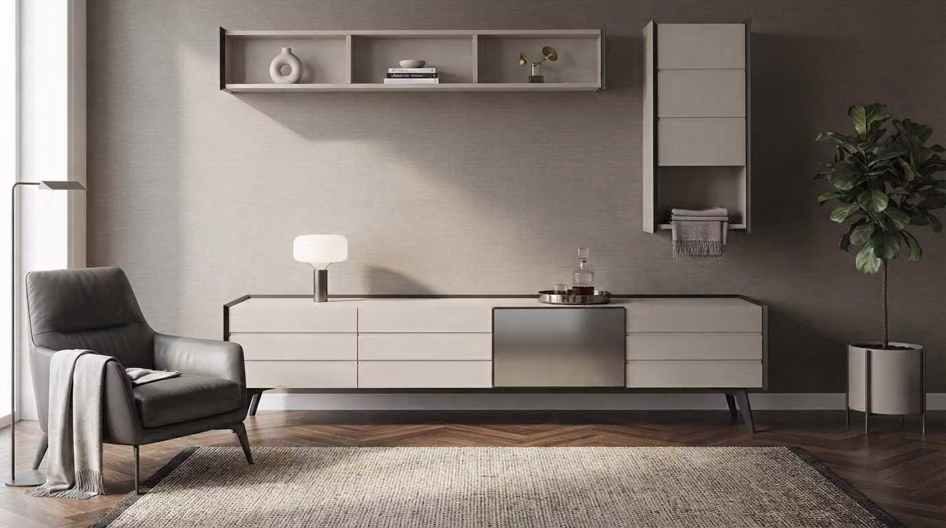 Mobile TV a basso profilo, mensole a parete, beige, nero, design moderno ed elegante, set di mensole