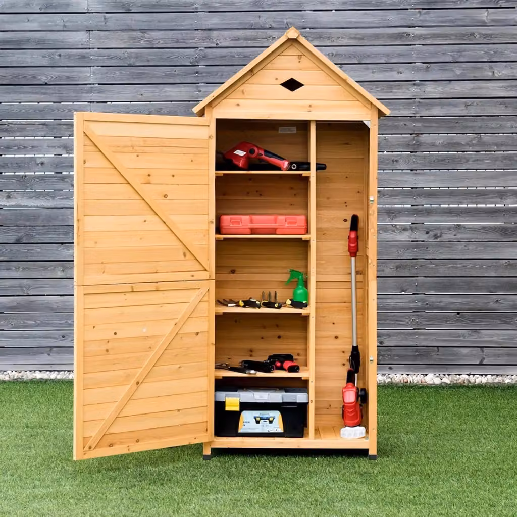 Costway Armadio da esterno in legno marrone con tetto in acciaio galvanizzato, casetta da giardino con mensole e chiusura a chiave, L/P/H: 80 x 45 x 177 cm – 2