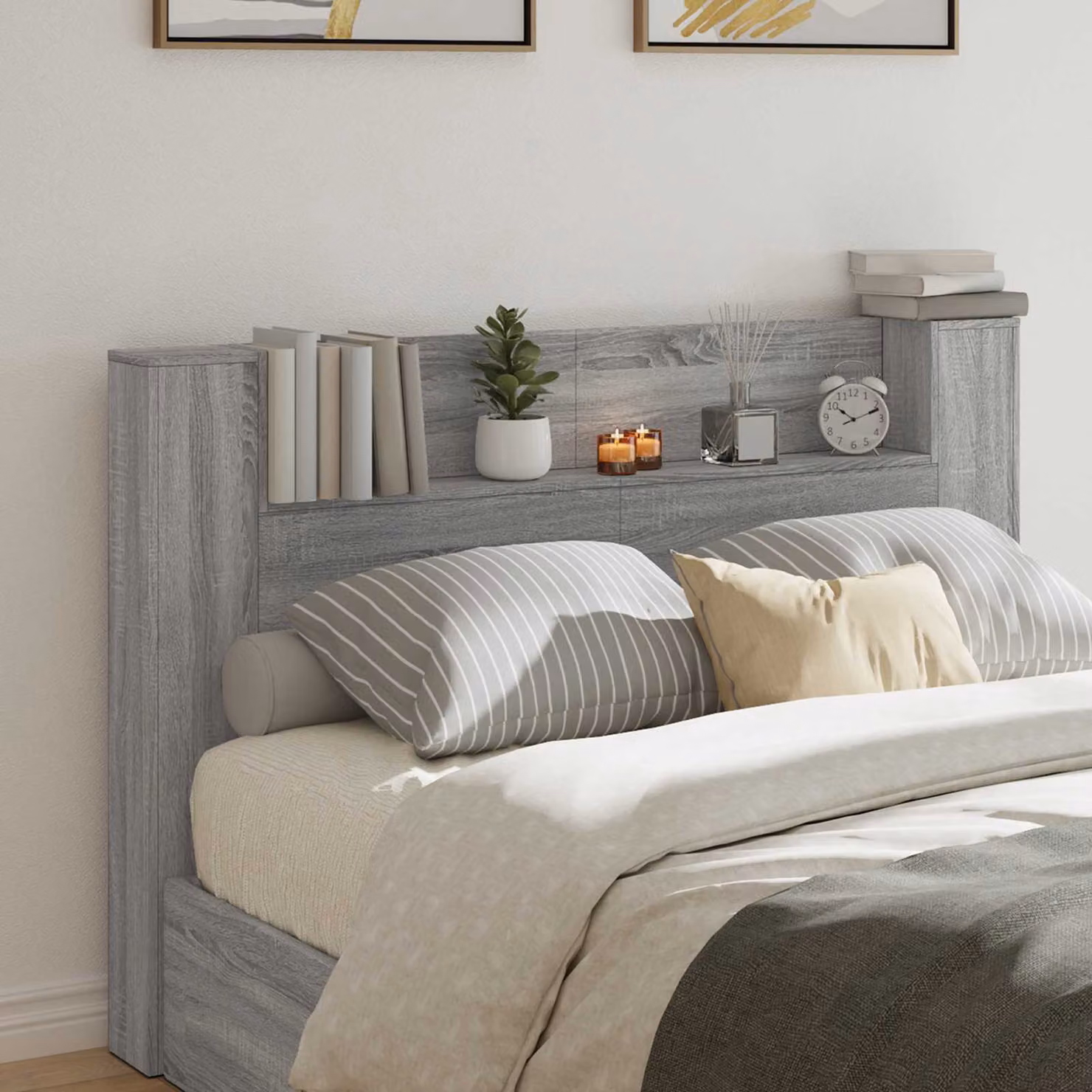 Testata del letto con mobile e illuminazione LED vidaXL in legno ingegnerizzato grigio, L: 160 cm, H: 103,5 cm, P: 21,45 cm