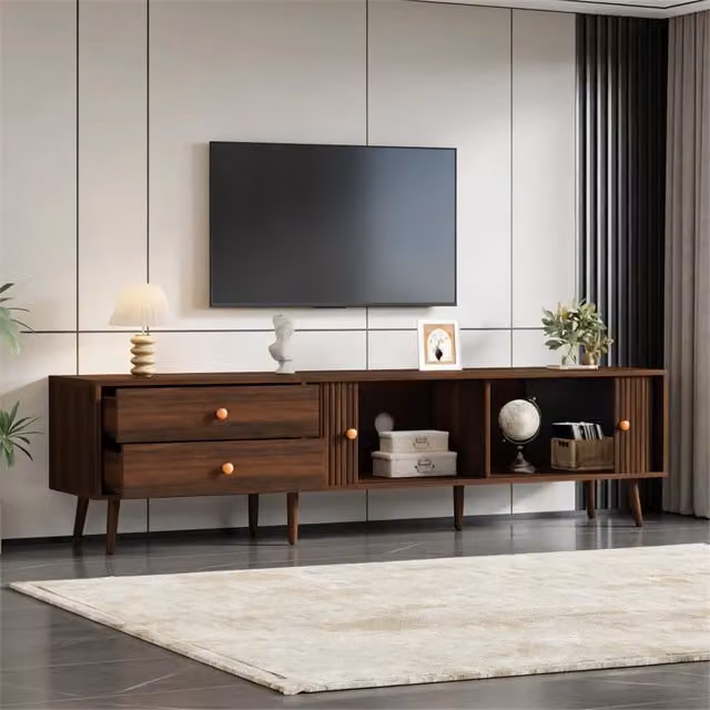 Mobile TV con 2 cassetti e 2 ante avvolgibili, ampio piano per soggiorno in MDF color noce, 180 × 40 × 46.5 cm