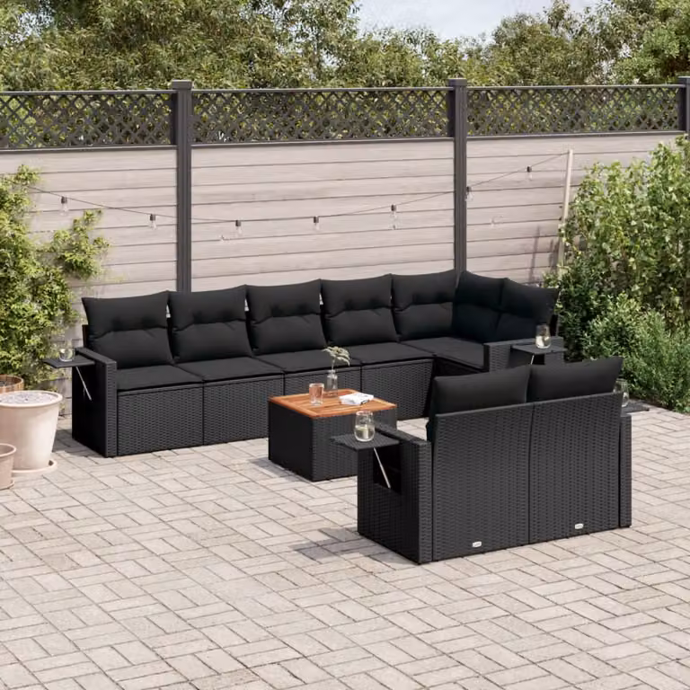 vidaXL Set Divani da Giardino 9 pz a Forma di L con Cuscini e Tavolino Nero in Polyrattan e Legno di Acacia