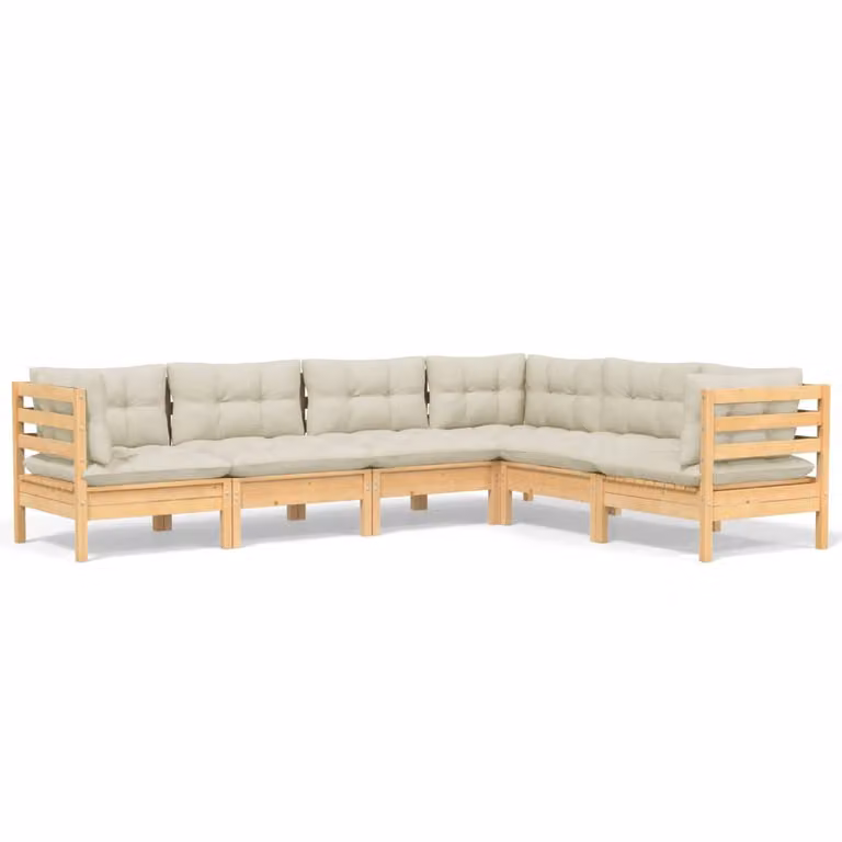 Set Divani da Giardino 6 pz con Cuscini Crema Massello di Pino