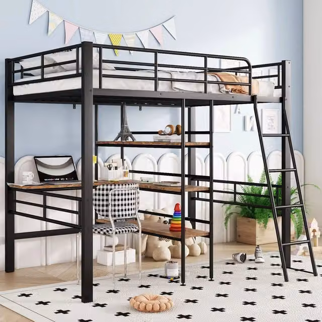 Letto a soppalco singolo OKWISH in metallo nero con scrivania, ripiani e scala, L/P: 90 x 200 cm – 1