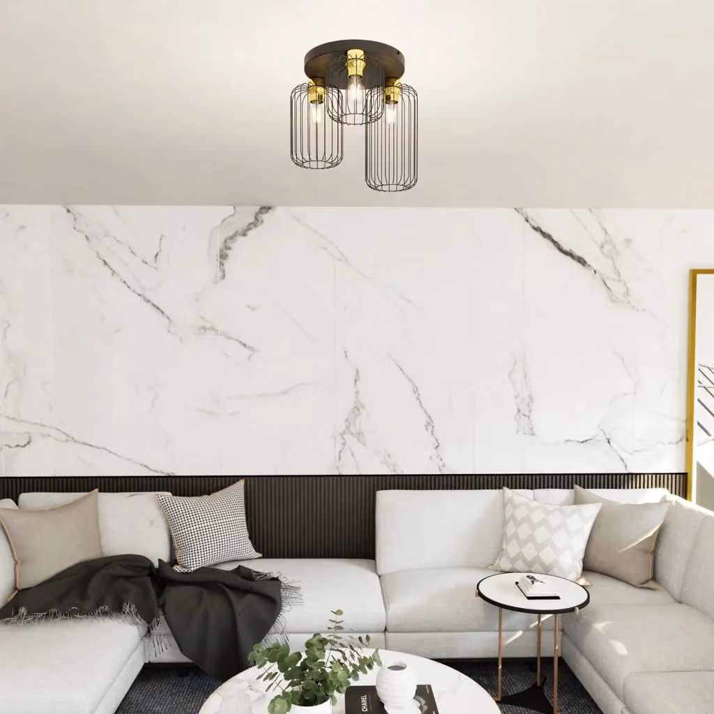 Plafoniera Minimal Industrial Njoror Luceart-Classic con 3 Luci, Design Tondo in Metallo, Colore Nero e Oro – 2