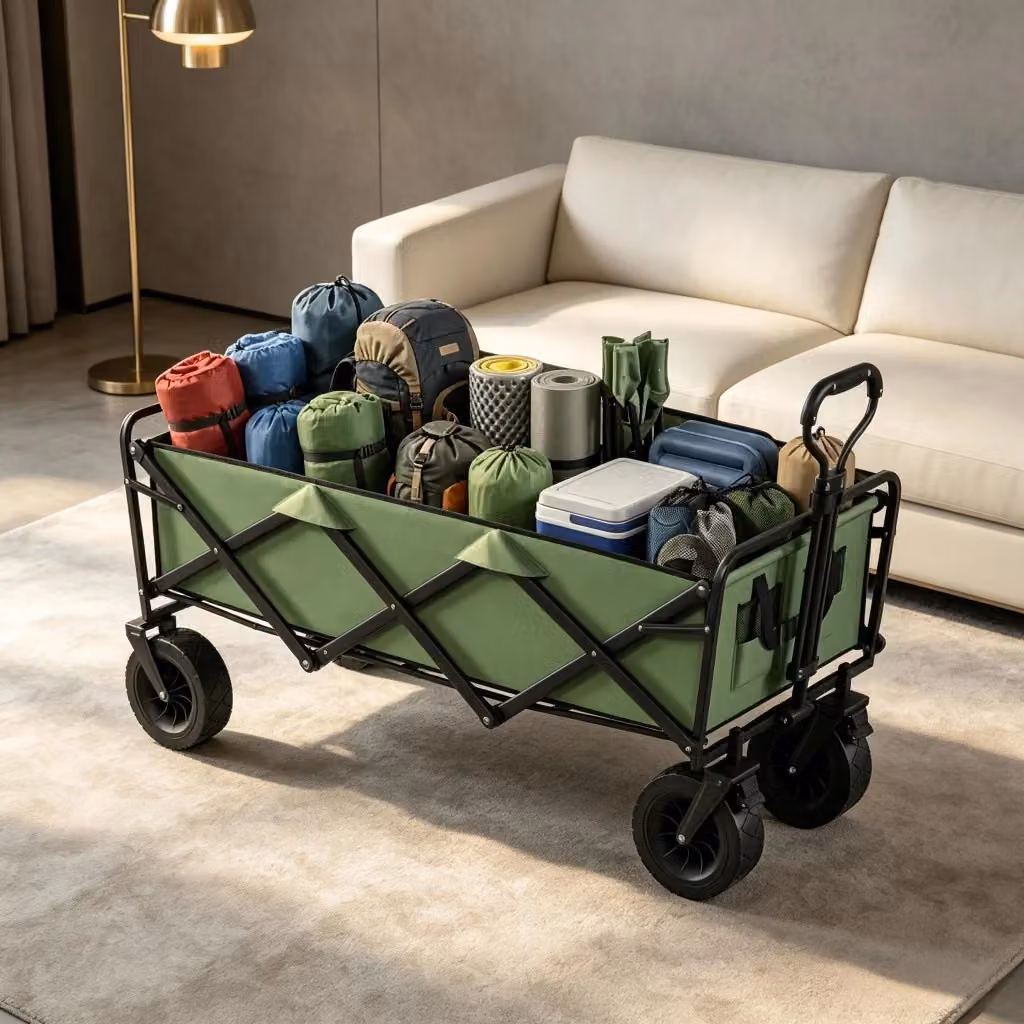 Carrello da giardino pieghevole WISHDOR con ruote, freni, maniglia regolabile e doppia borsa in colore verde – 2