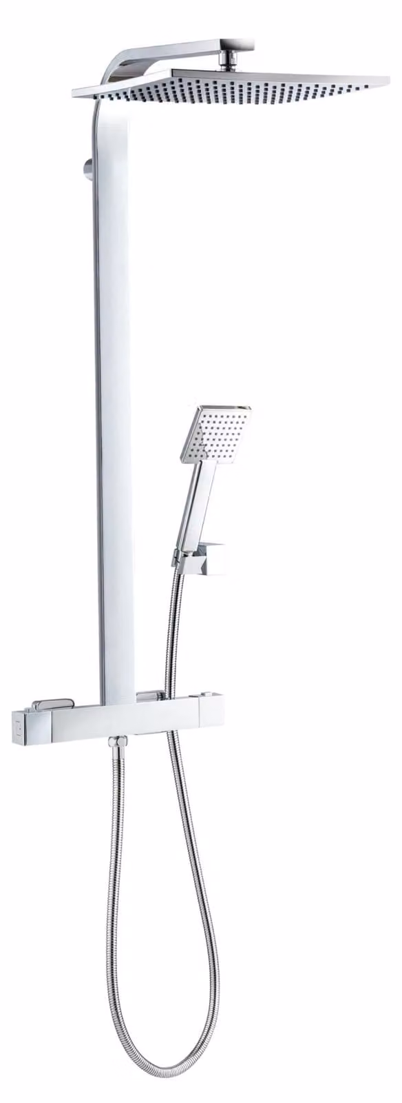 Sistema doccia con termostato, soffione quadrato 30x30 cm, doccetta manuale, finitura cromata