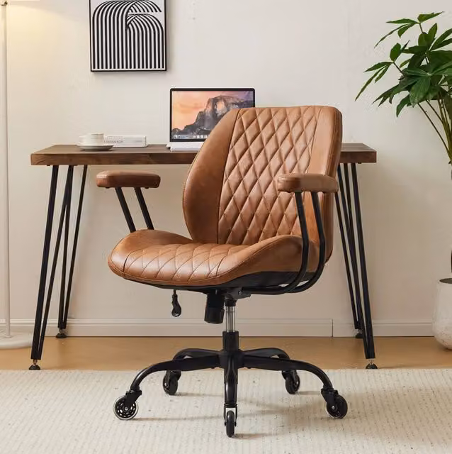 Sedia da ufficio ergonomica girevole MODFU in ecopelle marrone con ruote e braccioli per casa e ufficio – 1
