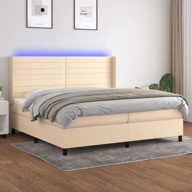Letto Ibrido con Materasso a Molle Insacchettate vidaXL, Colore Bianco e Beige, con Illuminazione LED Sottostante e Porta USB, L/P: 200 x 200 cm, H: 203 cm
