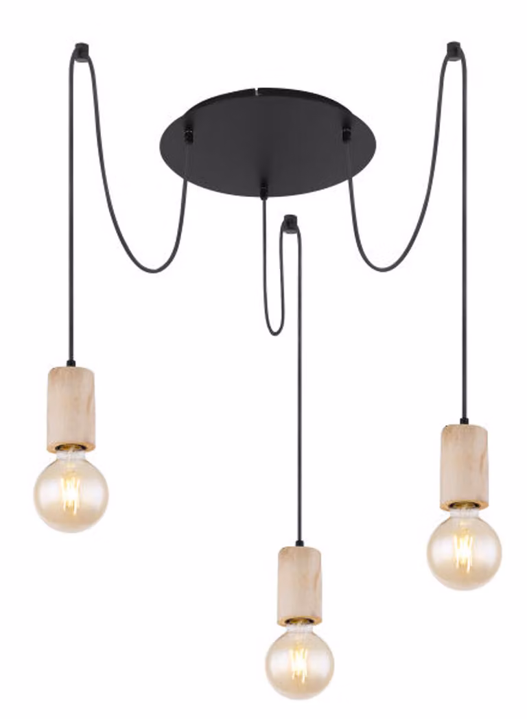 Globo Lighting Lampada a sospensione in metallo nero opaco, legno color naturale, con tre ganci per accorciare il cavo, ø: 350 mm, H: 1600 mm, escl. 3x E27 60W 230V
