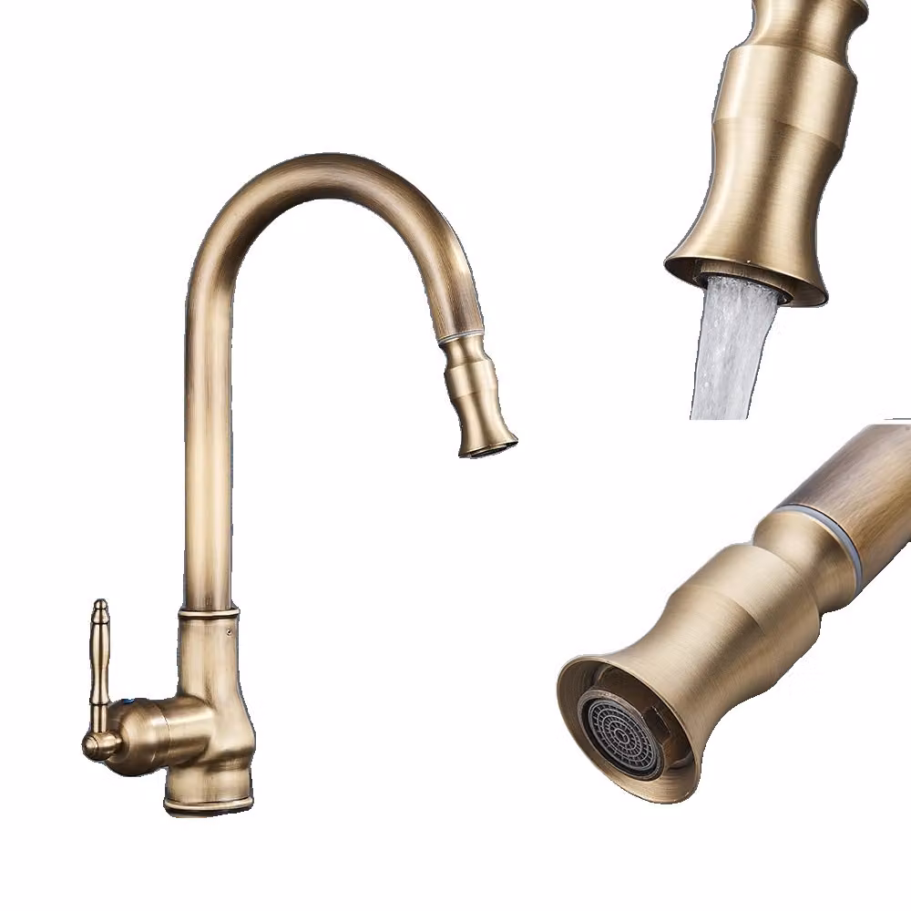 Rubinetto da cucina estraibile, design monocomando, elegante finitura in ottone, ottone antico