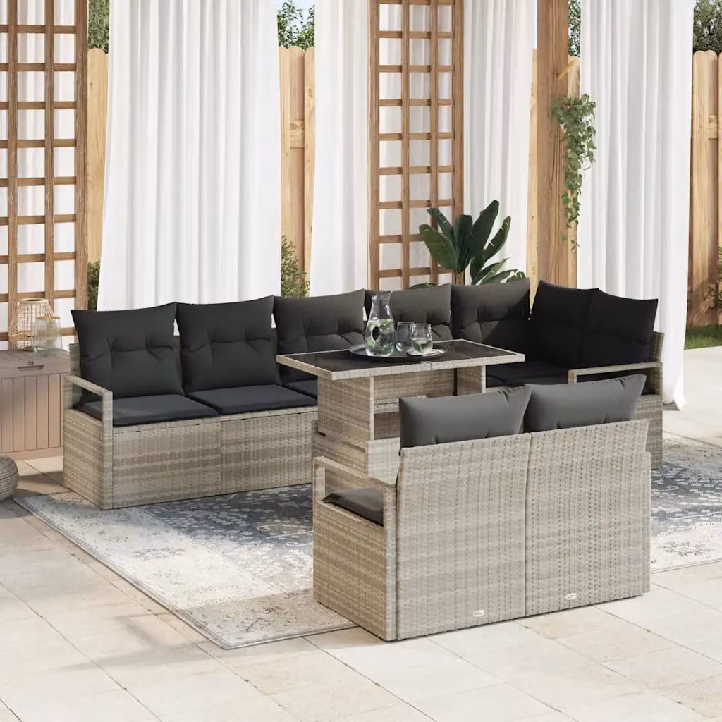 vidaXL Set Divano da Giardino 9 Pezzi a Forma di U con Tavolino, Polyrattan e Cuscini, Grigio – 1