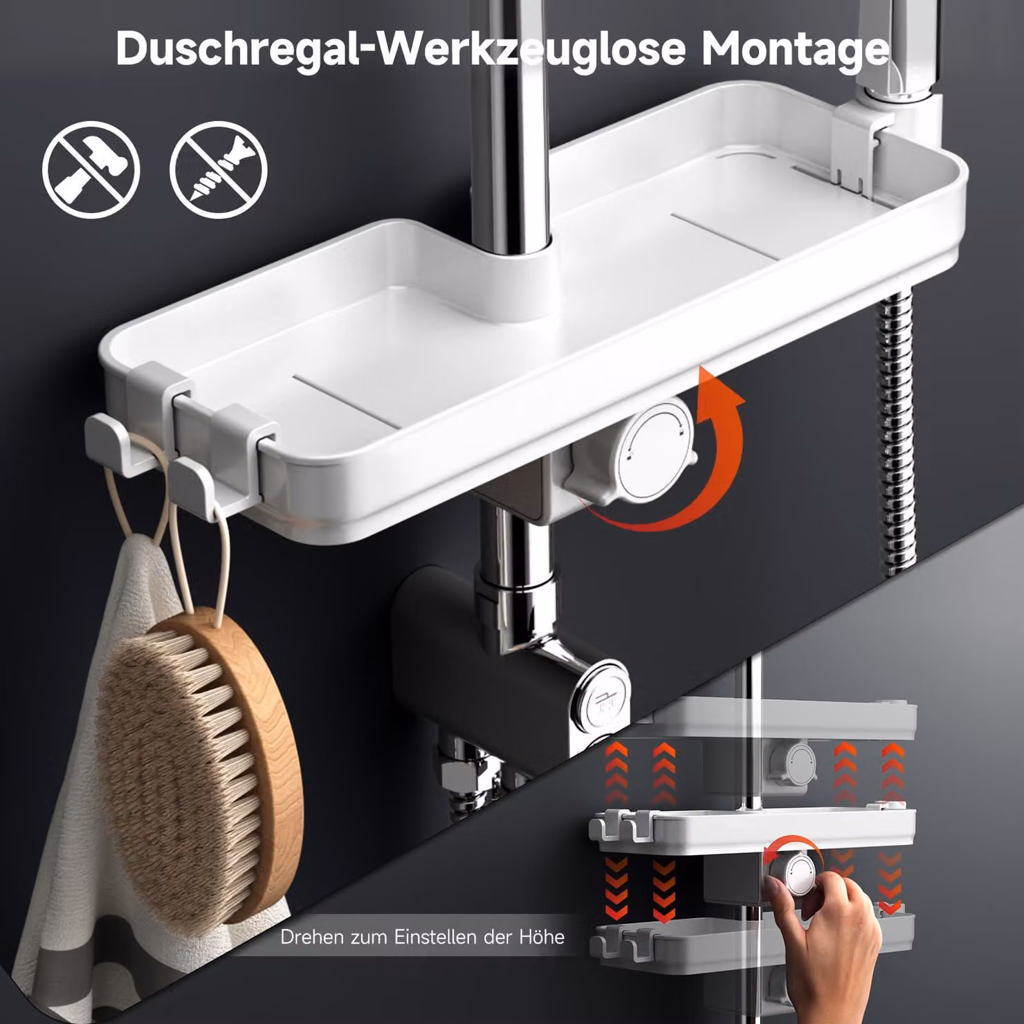 Sistema doccia con ripiano, doccia a pioggia 25x25 cm, 3 getti, miscelatore in ottone, per bagno