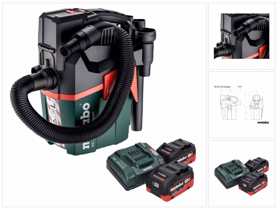 Metabo AS 18 L PC Aspirapolvere compatto a batteria 18 V 6 l IPX4 classe di polvere L wet and dry + 2x batteria ricaricabile 8,0 Ah + caricabatterie