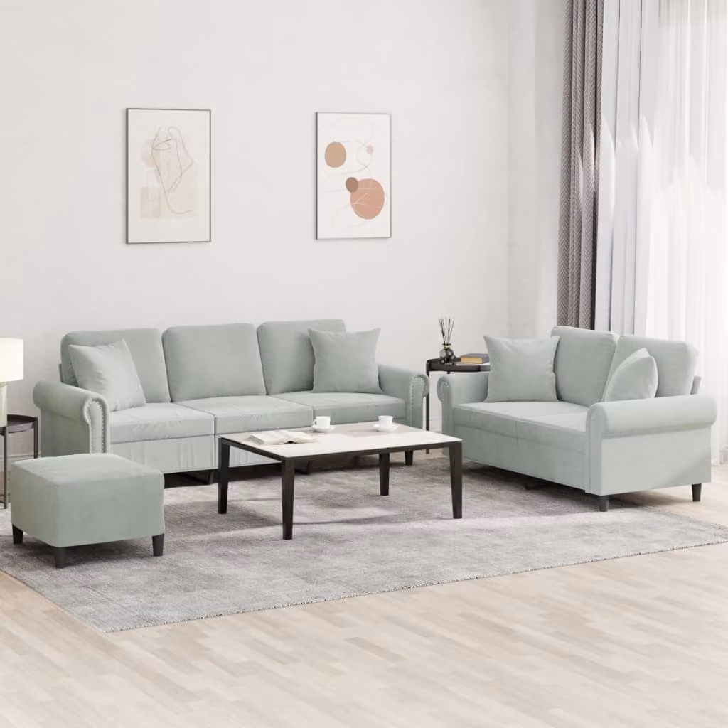 vidaXL Set di Divani Moderno in Velluto Grigio con Ottoman e Cuscini