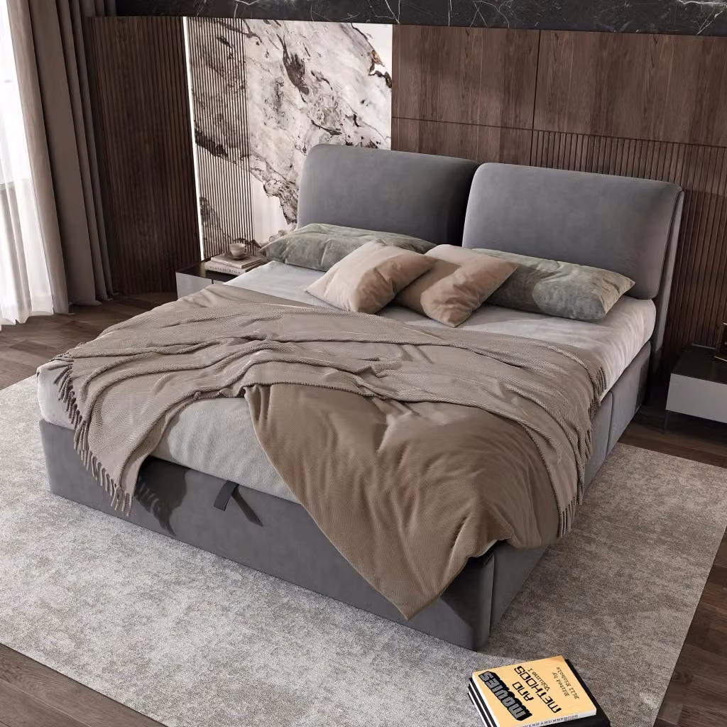 Letto imbottito WISHDOR in velluto grigio con contenitore e rete a doghe L/P: 160 x 200 cm – 2