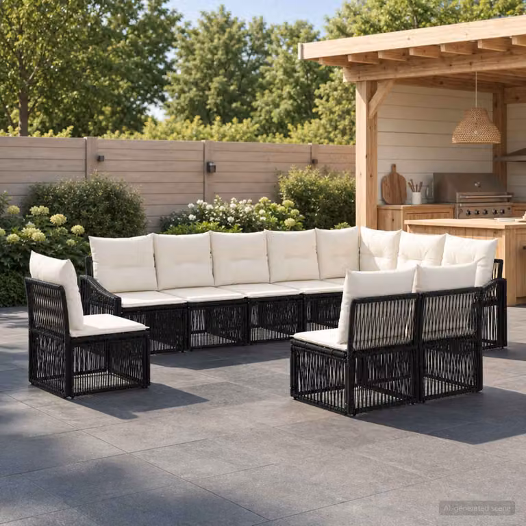 Set Divano da Giardino vidaXL a forma a U composto da 10 pezzi, colore Nero, con struttura in metallo e sedute imbottite in rattan e tessuto con cuscini inclusi