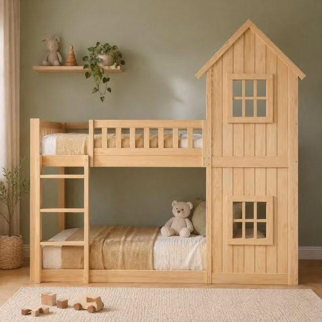 Letto a castello a casetta 90x200 cm in pino e MDF naturale con scala