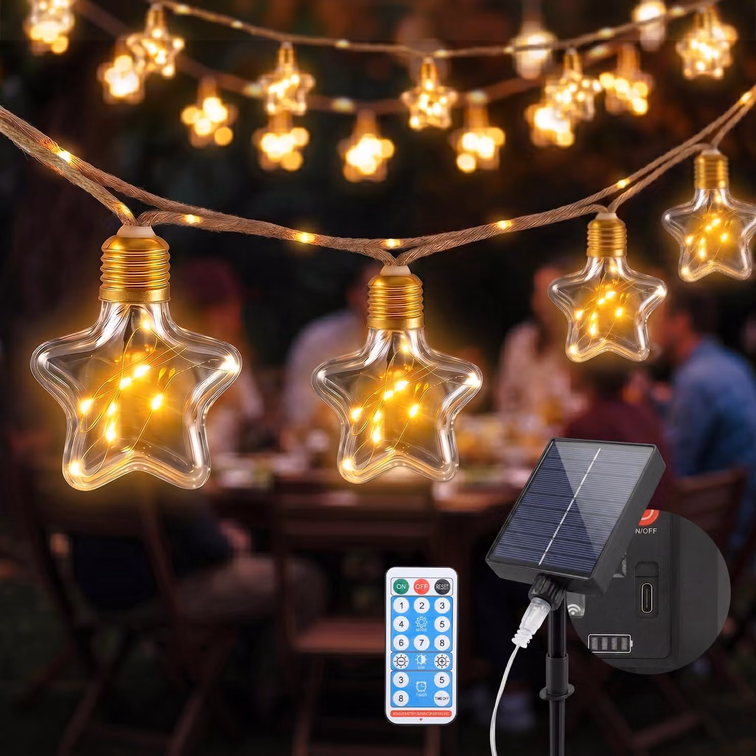Catena luminosa solare, 5 metri, 10 LED bianco caldo, corda in canapa effetto vintage, 8 modalità