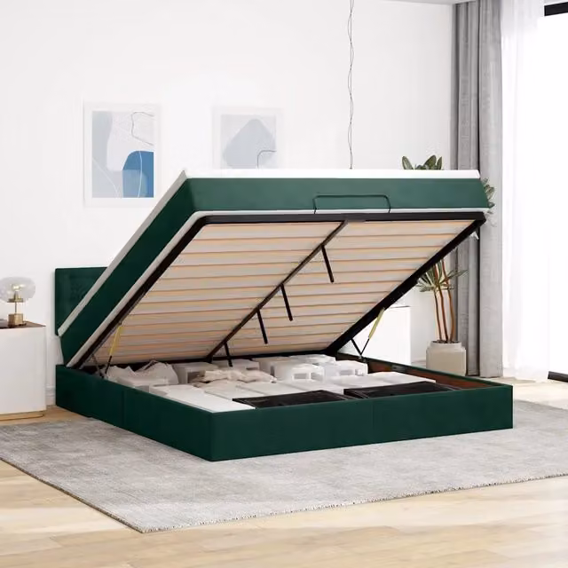 Struttura Letto con Contenitore a Sollevamento e Materasso vidaXL in Velluto Verde e Bianco L: 160 cm, P: 200 cm, H: 203 cm