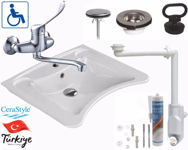 Domotechnika | Lavabo per persone con disabilità - 63 x 50 x 20,5 cm - Bianco - Cerastyle - Include miscelatore da parete