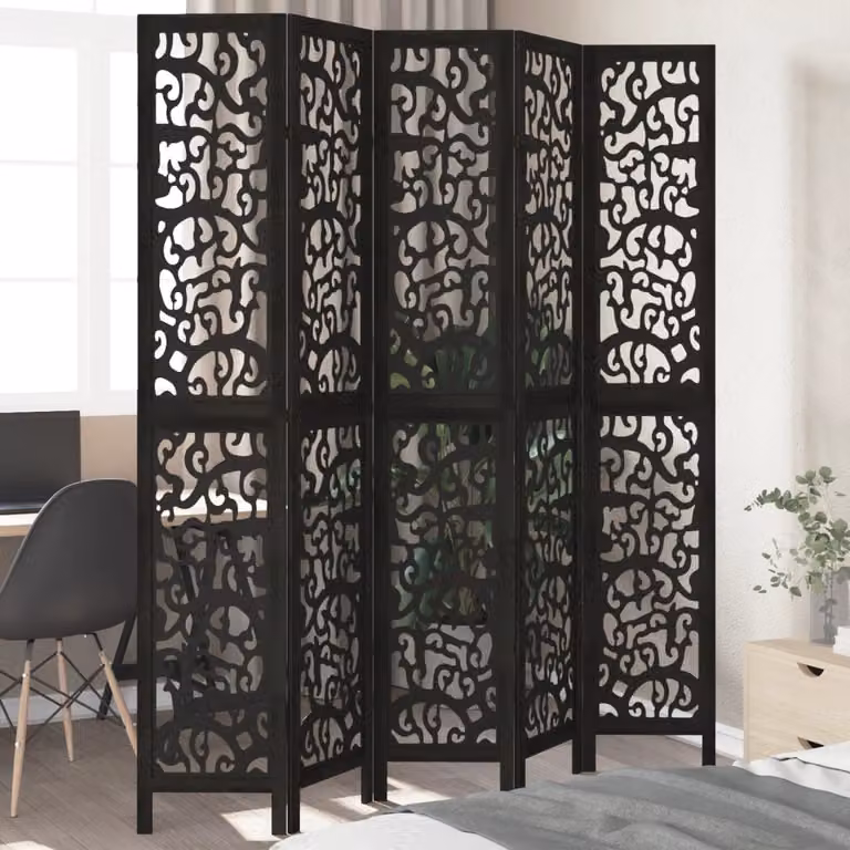 Divisorio Ambienti vidaXL con 5 Pannelli in Legno Massello di Paulownia Nero Opaco H: 180 cm, L: 220 cm