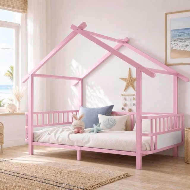 Letto per bambini OKWISH in metallo con tetto e barriera di sicurezza, rosa, L/P/H: 200 x 90 x 120 cm