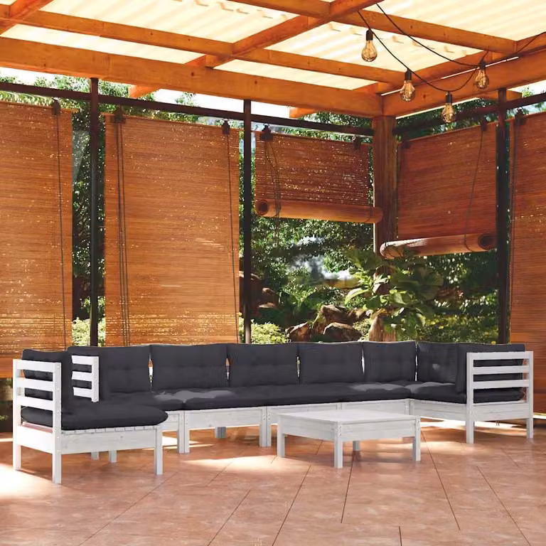 Set di divani da giardino vidaXL 9 pezzi in legno di pino con cuscini bianchi e antracite con configurazione a L e pouf