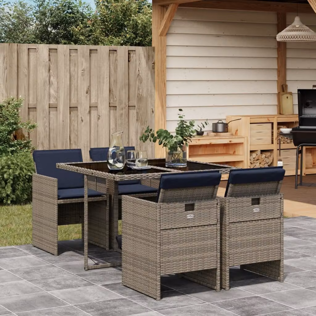 Set da pranzo da giardino vidaXL in polyrattan grigio con cuscini blu e tavolo in vetro per 5 persone
