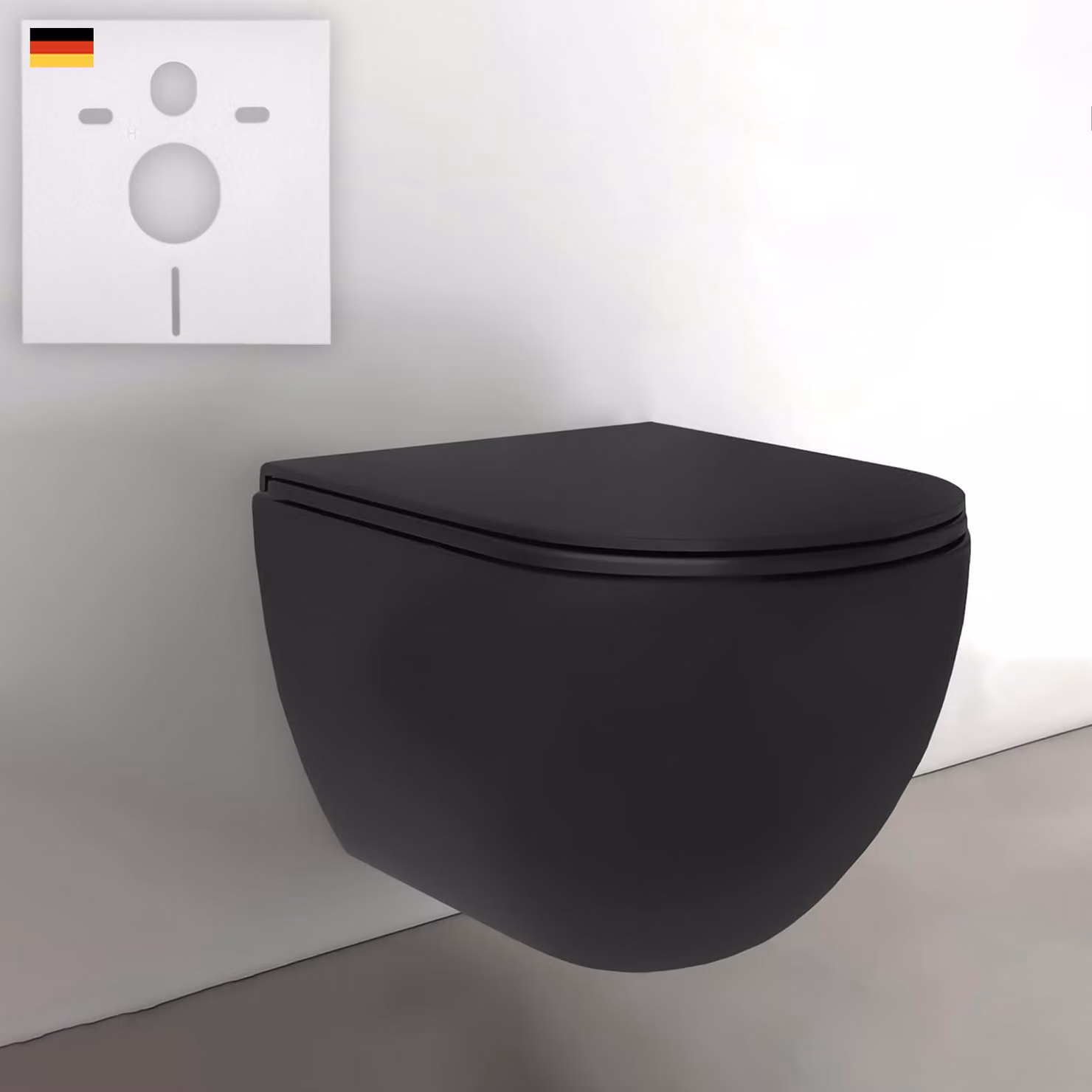 Alpenberger WC sospeso senza bordo in nero opaco | Vaso in Vetroceramica per WC ospiti | Sedili per WC Softclose | Vaso con isolamento acustico | Set di WC sospesi adatto a Geberit