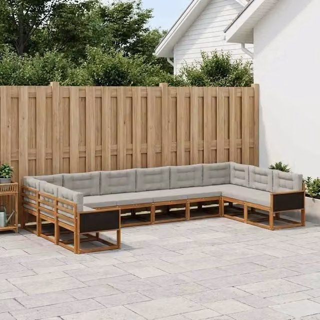 Set di divani da esterno a L vidaXL in legno di acacia con cuscini, beige e grigio – 1
