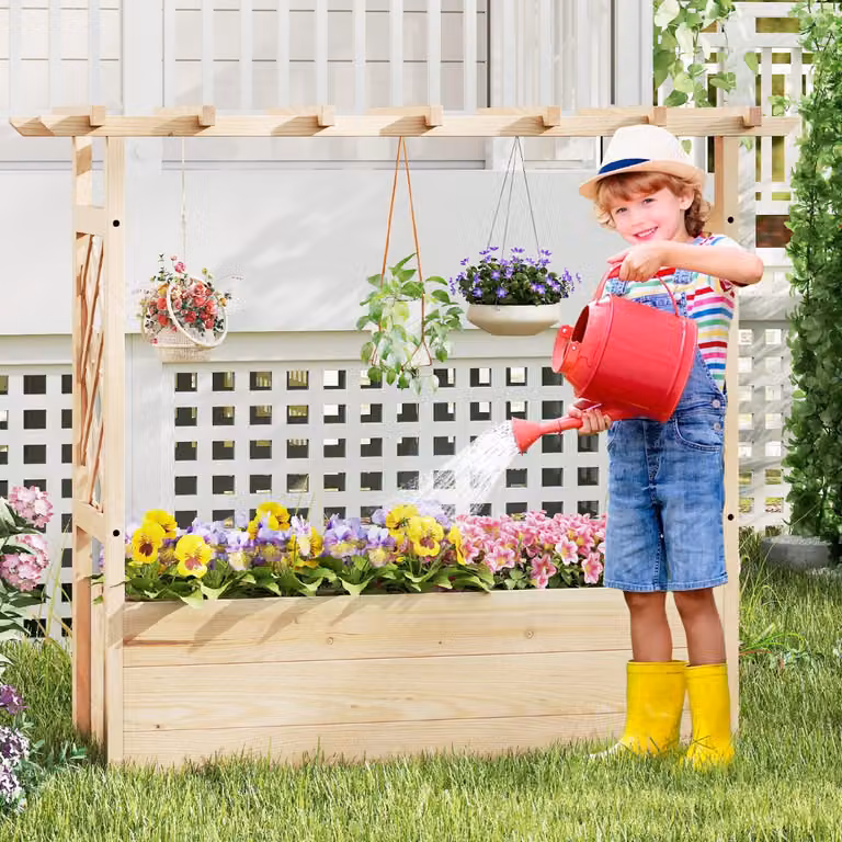 Letto da giardino rialzato Costway con tetto pensile per rampicanti e fori di drenaggio, colore marrone