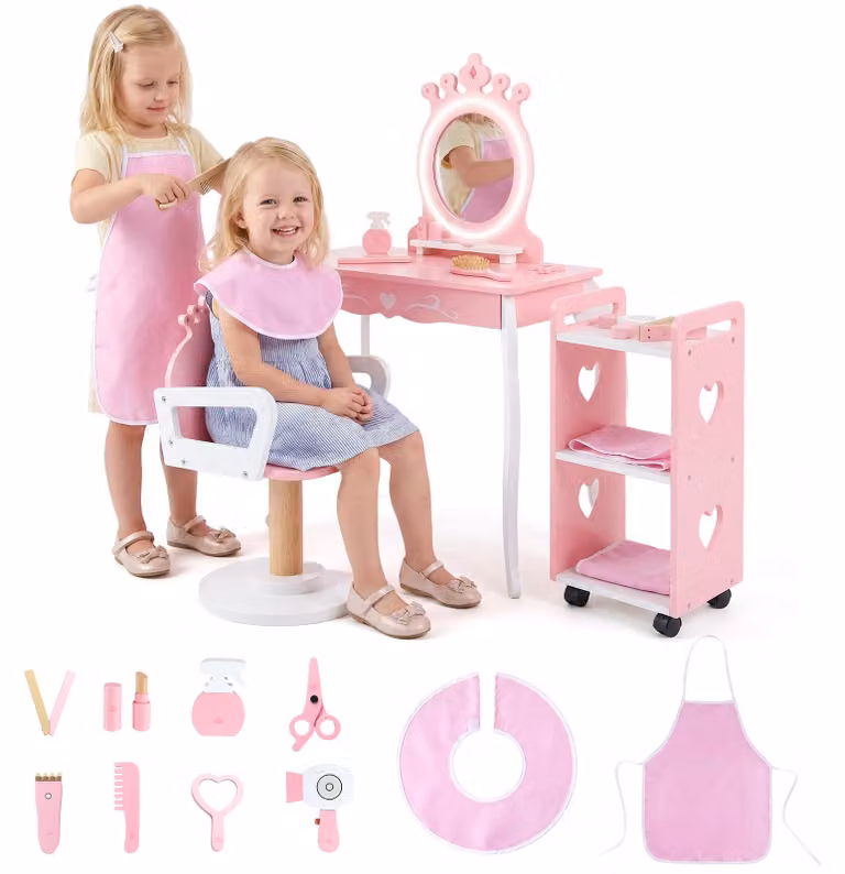 Set per parrucchiere per bambini COSTWAY, completo di carrello, tavolino da trucco con specchio illuminato a LED, 10 accessori, ideale per bambini dai 3 ai 7 anni