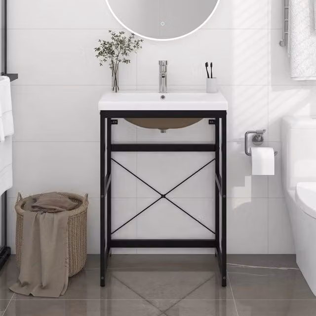 Lavabo da Bagno Moderno vidaXL con Telaio in Metallo e Lavabo in Ceramica Lucida, Colore Nero e Bianco, L/P/H: 83 x 59 x 38 cm