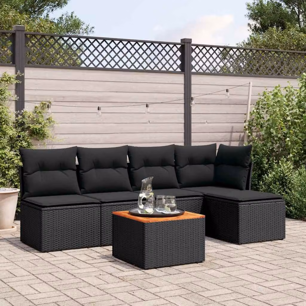Set Divano da Giardino vidaXL 6 pz in Polyrattan Nero con Cuscini e Tavolino da Esterno a Forma di L – 1