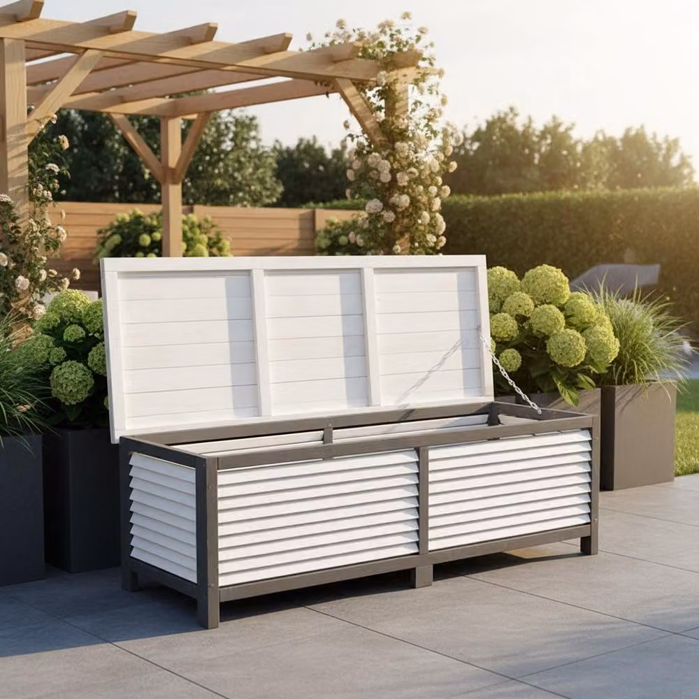 Cassapanca da giardino in legno grigio Scatola per cuscini Scatola per cuscini per mobili da giardino patio