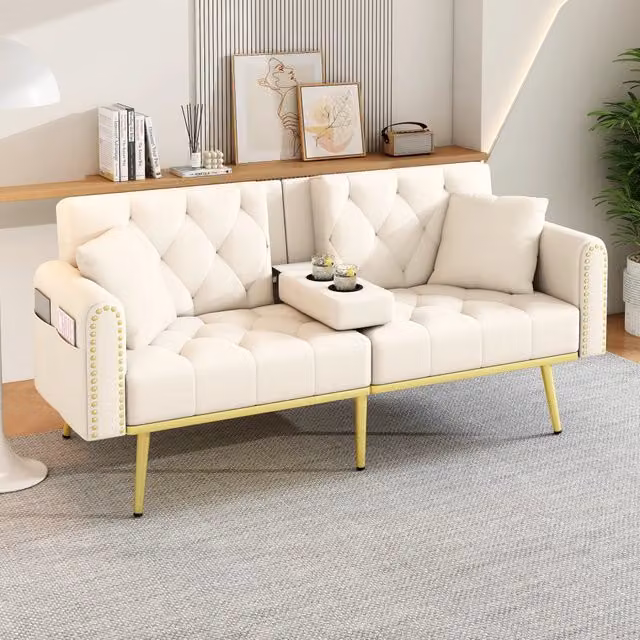 Divano letto convertibile con schienale regolabile e portabicchieri e tasca laterale in velluto beige 175 × 80 × 73,5 cm