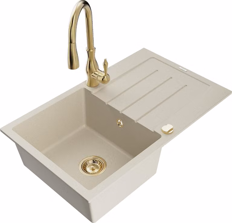 Mexen Bruno lavello in granito 1 vasca con scolapiatti e rubinetto da cucina Savita, beige - 6513-69-672601-50