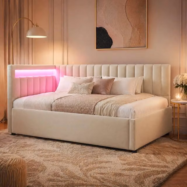 Divano letto imbottito con LED; vano contenitore idraulico; 90x200 cm; velluto beige