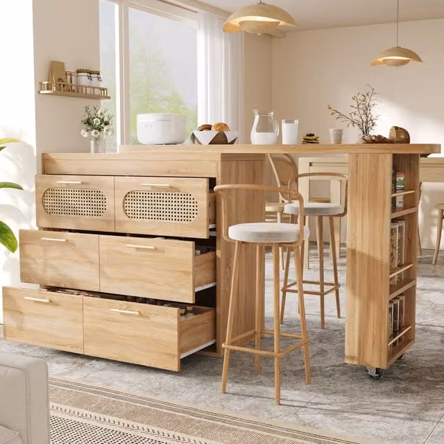 Tavolo da bar girevole con 6 cassetti, antiribaltamento, per cucina e soggiorno, naturale, 128 × 39 × 90 cm