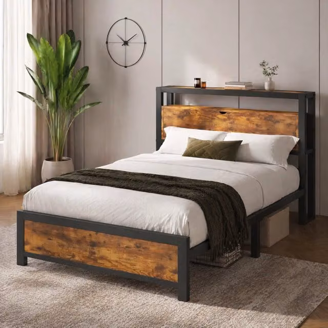 Letto Singolo in Metallo 90x200 cm con Testiera Contenitore e Rete a Doghe, Telaio Letto Industriale Nero per Bambini e Adulti