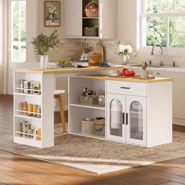 Isola da cucina girevole REDOM in MDF e vetro, colore bianco e rovere, L: 136 cm, P: 50 cm, H: 78 cm
