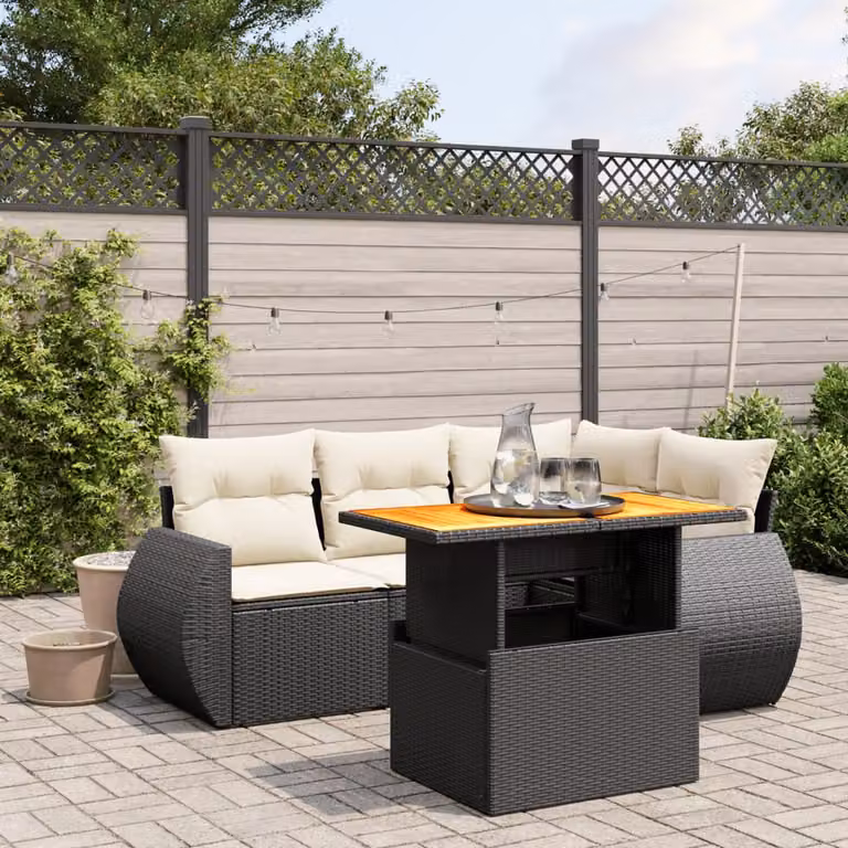 vidaXL Set Divani da Giardino a L 5 pz con Cuscini e Tavolino in Polyrattan e Legno di Acacia Nero e Bianco