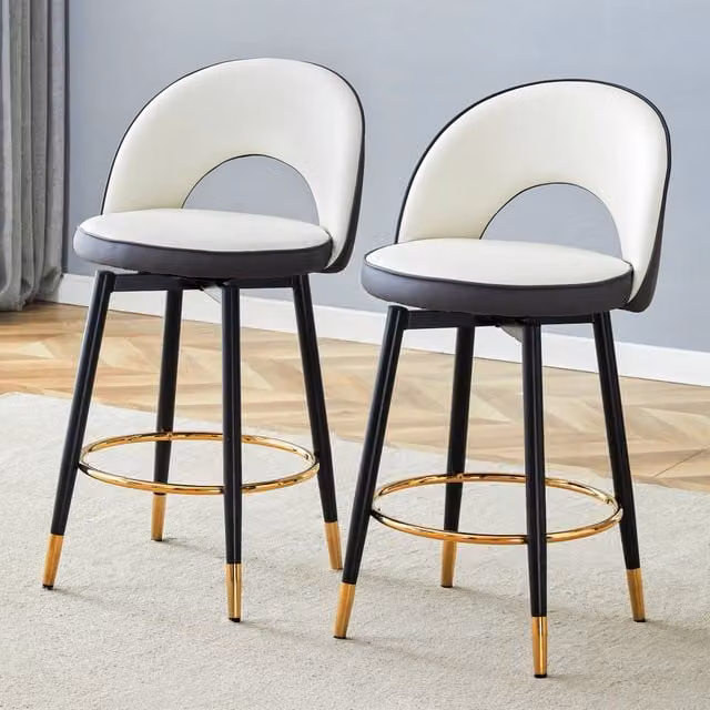 Sgabello da bar girevole a 360 gradi OKWISH con schienale traforato, struttura in metallo e rivestimento in ecopelle grigio scuro e bianco