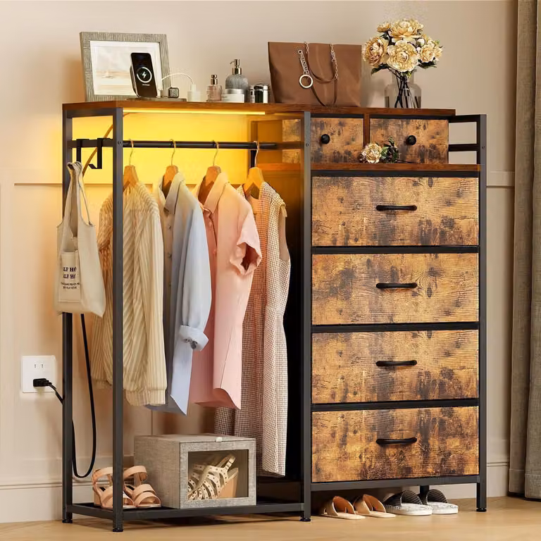 Comodino con cassetti, asta appendiabiti, illuminazione a LED, presa di corrente, 6 cassetti, dimensioni 110 x 30 x 106 cm, stile vintage