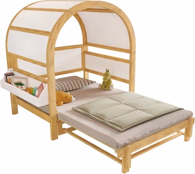 Letto a casetta per bambini 140x200 cm con letto estraibile, struttura in pino e MDF, tetto ad arco, mensola laterale, bianco e naturale