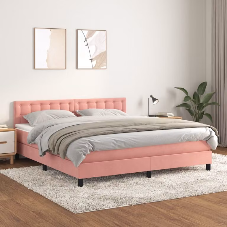 The Living Store Letto a molle con materasso rosa 160x200 cm in velluto