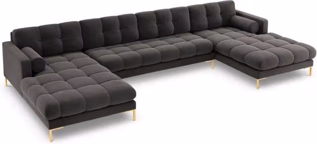 Divano panoramico Bali di Cosmopolitan Design in velluto grigio scuro con struttura in metallo oro, 7 posti, forma a L con orientamento a sinistra L: 383 cm, P: 155 cm, H: 75 cm
